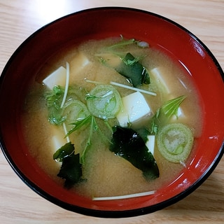 豆腐とわかめと水菜とねぎの味噌汁